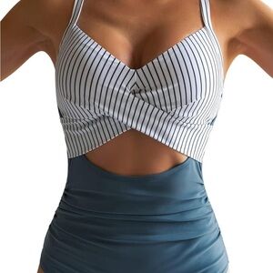 Striped Blue One Piece Swimsuit; size M